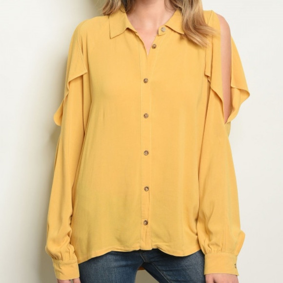 Trend Setter Diva Boutique Tops - MUSTARD COLD SHOULDER BUTTON DOWN TOP